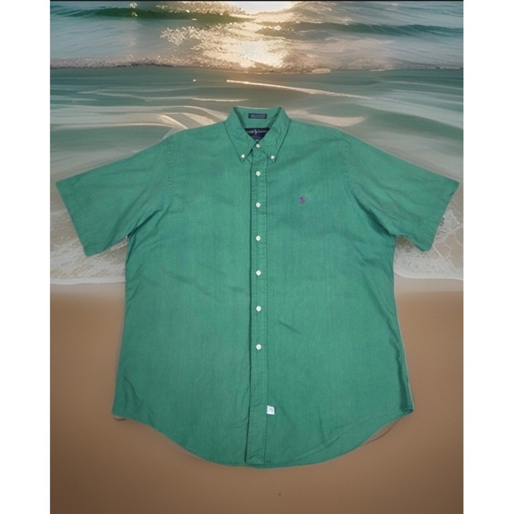 Vintage Polo Ralph Lauren Mens Green Button Down Hand Woven Made In USA Shirt L